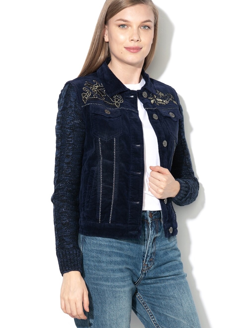 Desigual Women's Navy Embroidered Corduroy Jacket with Knit Sleeves Size 38(S)